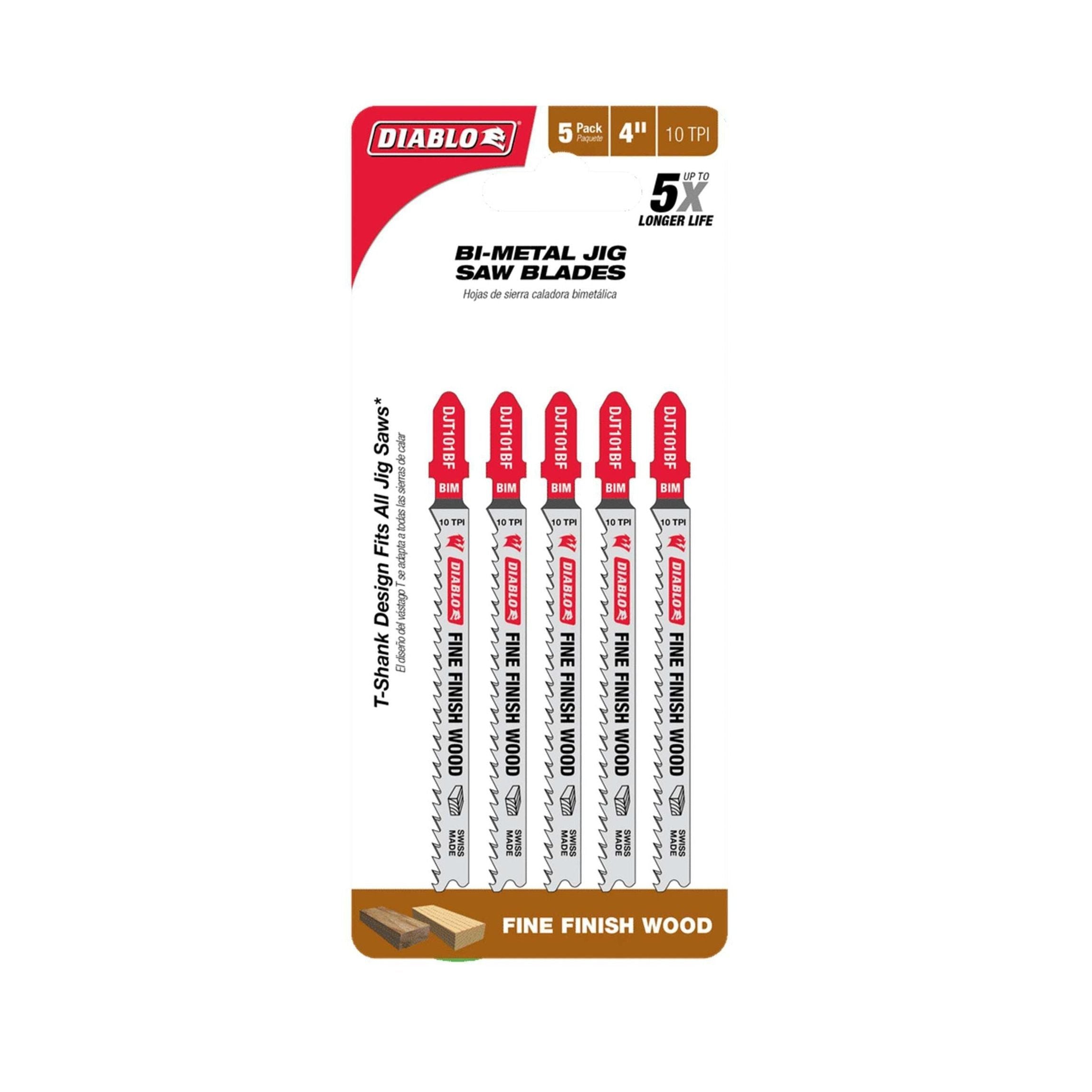 The DIABLO DJT101BF5 pack includes five 4-inch, 10 TPI bi-metal jig saw blades for fine finish wood. These Diablo blades feature a T-shank design, ultra-hardened teeth for five times longer life, and come in a white card with red branding and product details.